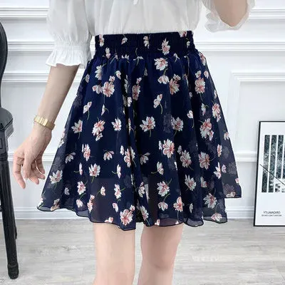 Women's skirt summer high waist printed chiffon pleated floral short skirt Safety one word floral mini skirt