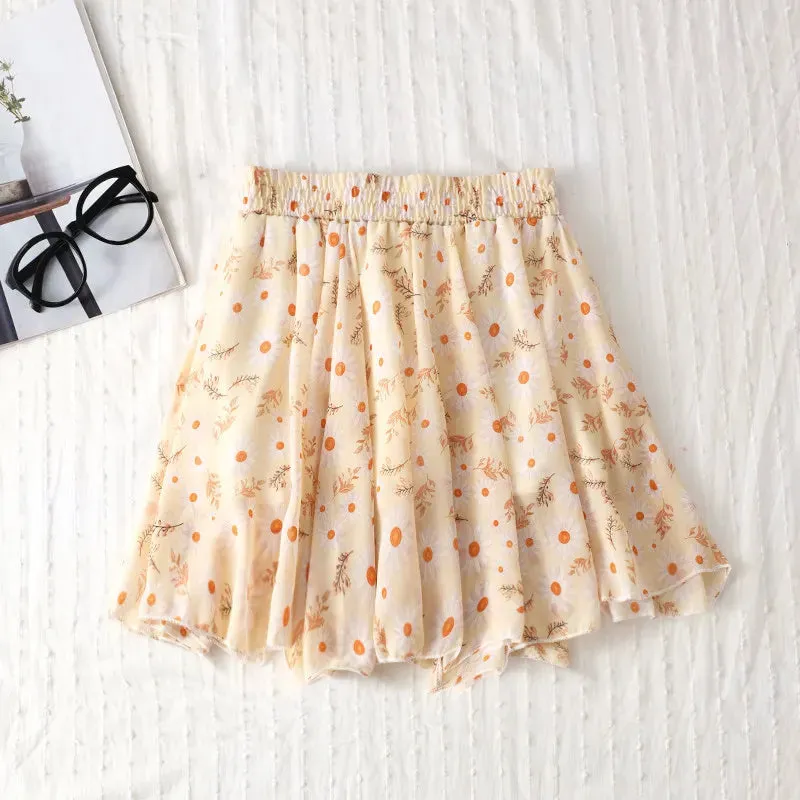 Women's skirt summer high waist printed chiffon pleated floral short skirt Safety one word floral mini skirt