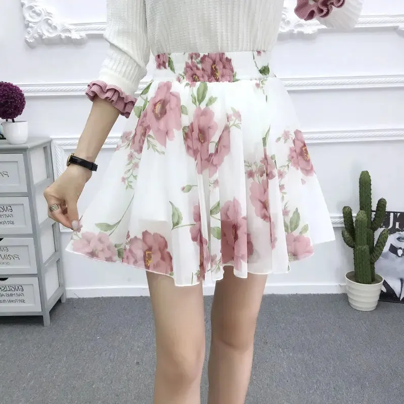 Women's skirt summer high waist printed chiffon pleated floral short skirt Safety one word floral mini skirt
