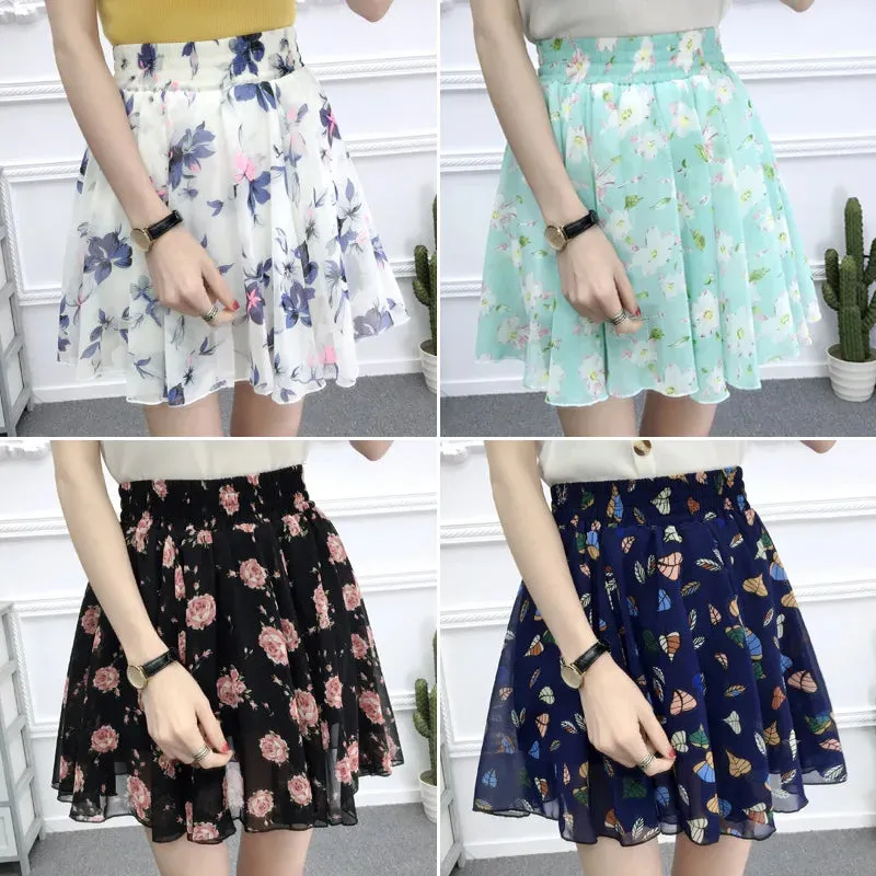 Women's skirt summer high waist printed chiffon pleated floral short skirt Safety one word floral mini skirt
