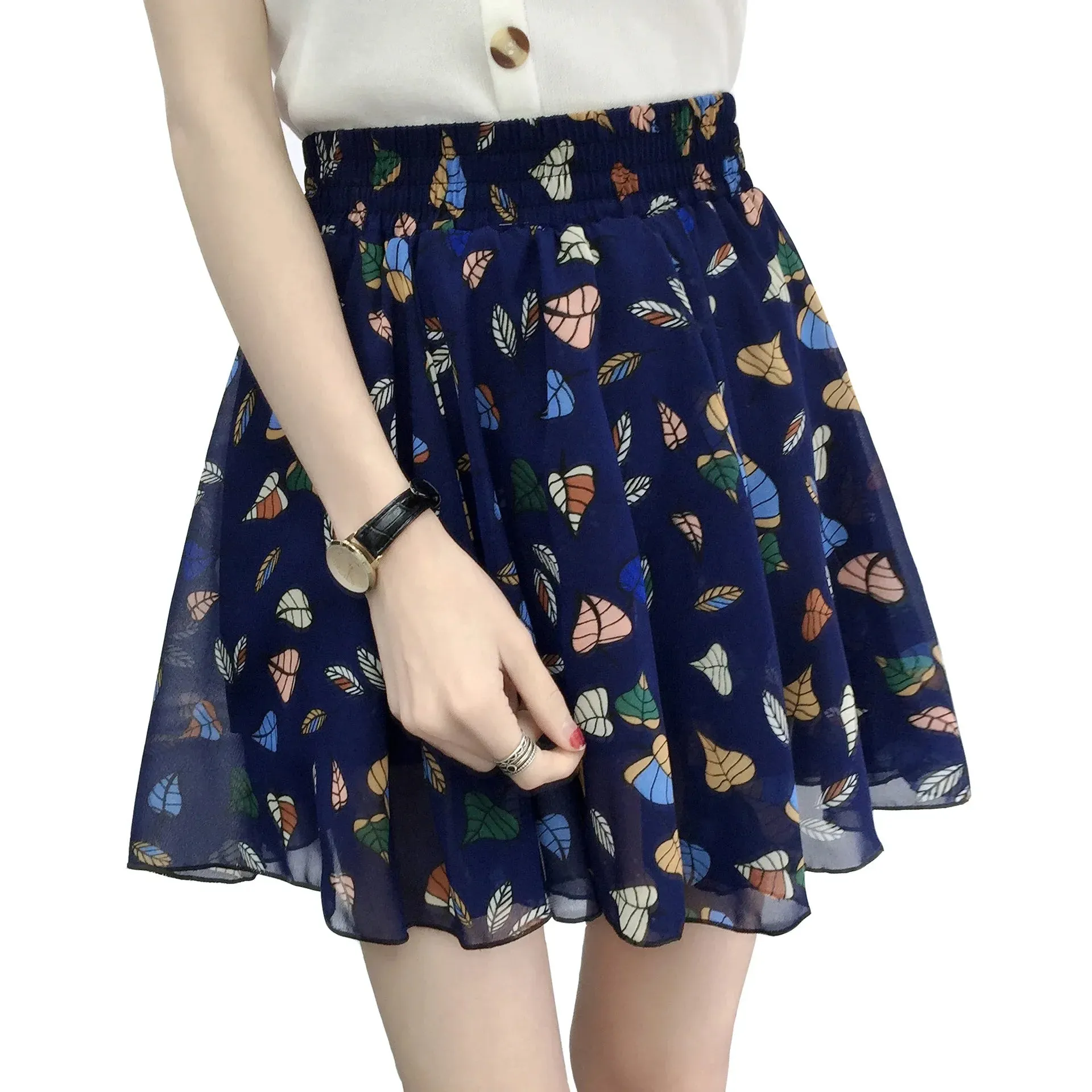 Women's skirt summer high waist printed chiffon pleated floral short skirt Safety one word floral mini skirt