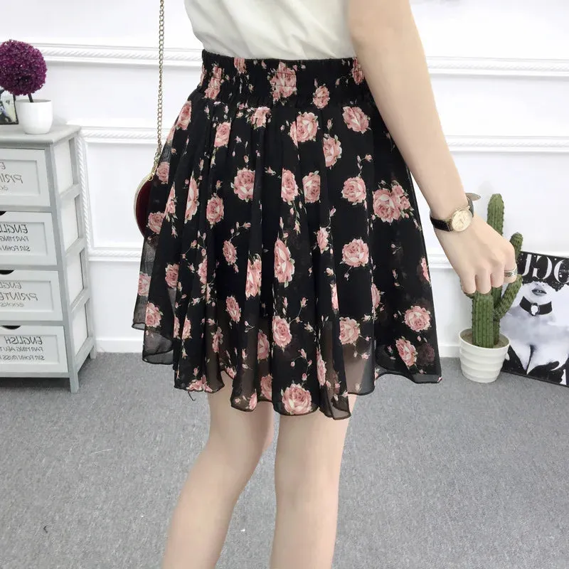 Women's skirt summer high waist printed chiffon pleated floral short skirt Safety one word floral mini skirt