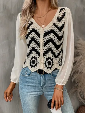 xieyinshe Chevron Pattern Chiffon Stitching Blouse, Casual Long Sleeve Blouse For Spring & Fall, Women's Clothing