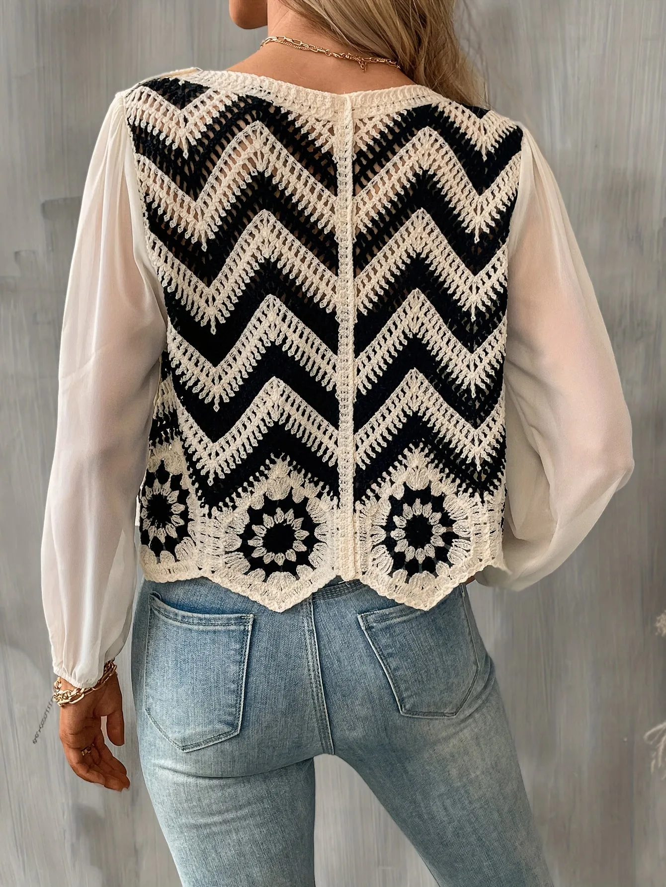 xieyinshe Chevron Pattern Chiffon Stitching Blouse, Casual Long Sleeve Blouse For Spring & Fall, Women's Clothing