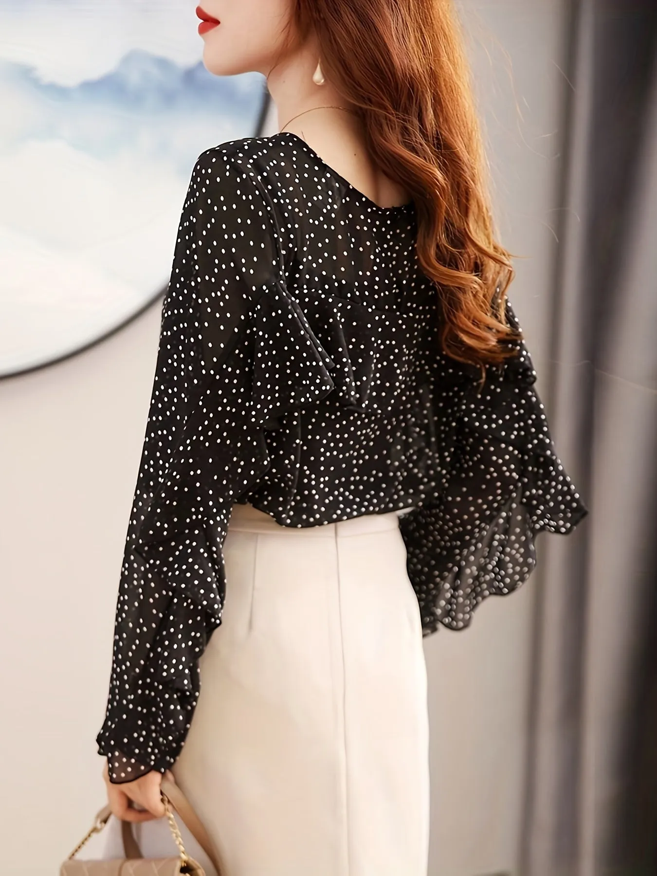 xieyinshe  Polka-dot Print Crew Neck Blouse, Vintage Long Sleeve Chiffon Blouse For Spring & Fall, Women's Clothing